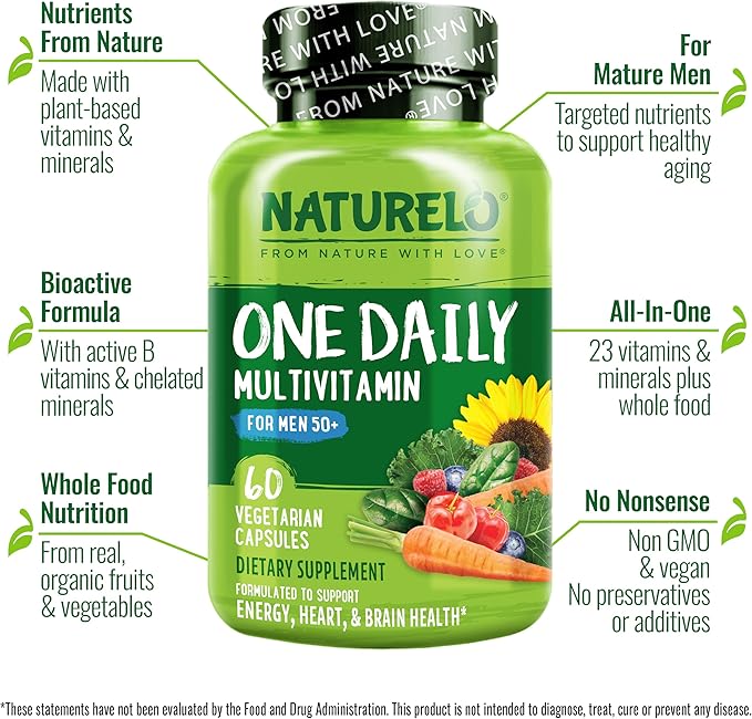 NATURELO Mens Multivitamins for Men 50+ - One Daily Multivitamin for Men with Vitamins, Minerals & Organic Whole Foods, Boost Energy & Health, Non-GMO, 60 Vegetarian Capsules