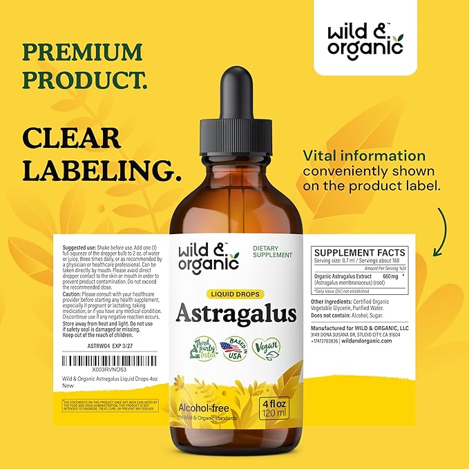 Wild & Organic Astragalus Tincture - Immune Support Supplement w/Astragalus Root Extract - Vegan Tincture for Immunity - Sugar & Alcohol-Free Drops - 4 fl oz