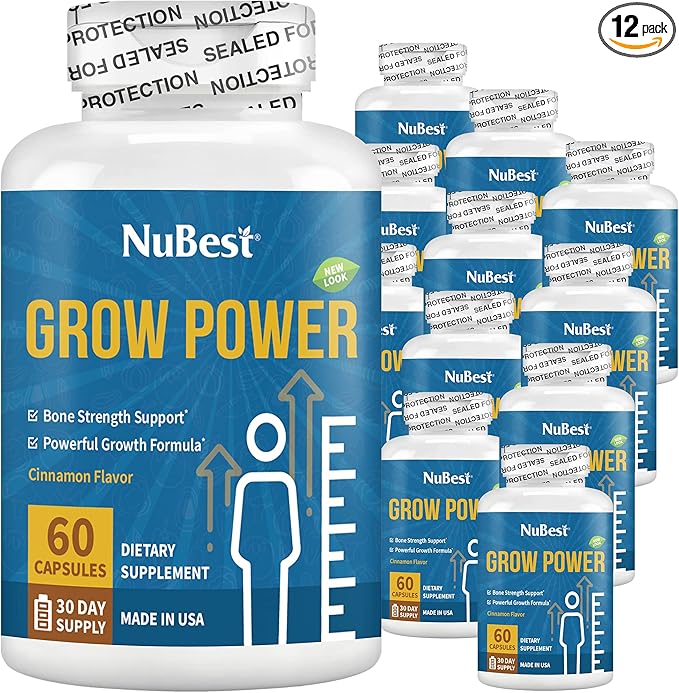 Grow Power Height Growth - Powerful Height Growth Formula for Children (10+) & Teens - Supports Healthy Height Growth, Overall Health with Calcium, Vitamin D3, Phosphorus, Magnesium & More - 12 Pack