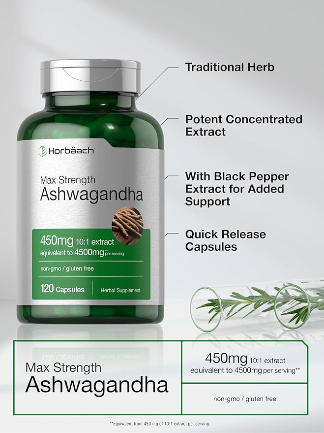Horbäach Ashwagandha Supplement | Max Strength | 120 Capsules | Non-GMO, Gluten Free