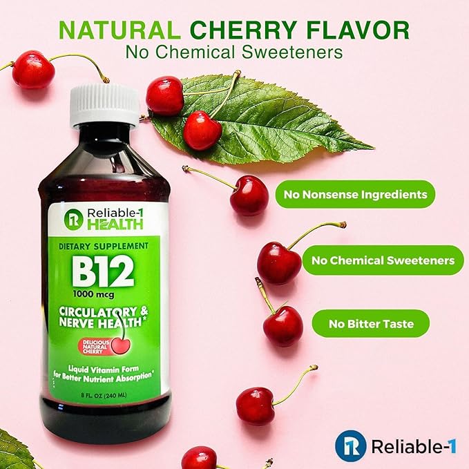 Reliable-1 Laboratories Liquid Vitamin B12 Daily Supplement 1000mcg for Adult Men & Women - Natural Cherry Flavor