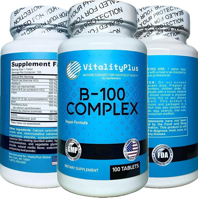Super B-100 Complex – All B Vitamins Including B12, B1, B2, B3, B5, B6, B7, B9, Folate – High Potency B-Vitamins with Choline, Inositol & PABA – Energy & Metabolism Support – 100 Tablets
