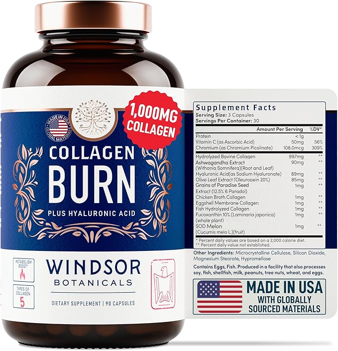 WINDSOR BOTANICALS Liquid Melatonin 3mg and Thermogenic Multi Collagen Burn Capsules - Beauty and Sleep Support Bundle