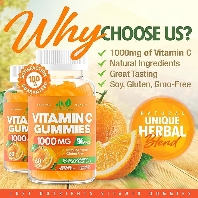 Vitamin C Gummies 1000mg for Adults & Kids – Chewable Multivitamin with Zinc for Immune System & Collagen Support for Skin – Orange Flavor – Gluten Free, Non-GMO, Vegetarian – 60 Gummies