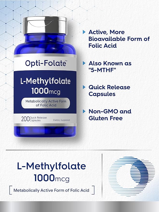 Carlyle L Methylfolate 1000mcg | 200 Capsules | Value Size | Optimized and Activated | Non-GMO, Gluten Free | Methyl Folate, 5-MTHF | by Opti-Folate