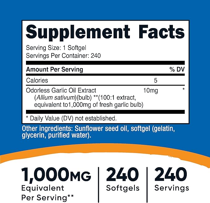 Nutricost Garlic 1000mg, 240 Softgels - Odorless, Premium Gluten Free Supplement