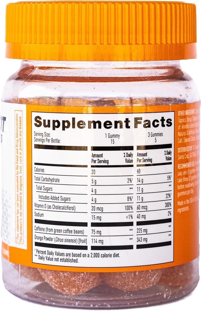 Energy Gummies, 1125 mg of Plant-Based Caffeine Chews per Bottle, Long Lasting Energy Boosters, Valencia Orange (15ct)