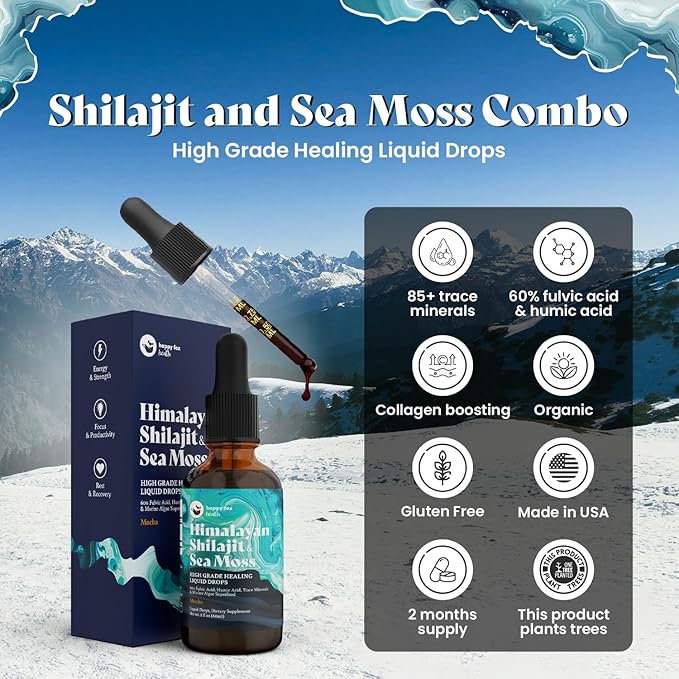 Pure Himalayan Shilajit & Irish Sea Moss Liquid Drops, 85+ Trace Minerals, 60% Fulvic Acid in Great Tasting Mocha Flavor. High Grade Healing Boosts Vitality, Productivity & Collagen