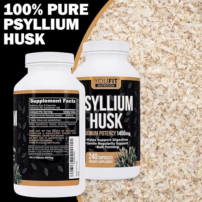 PSYLLIUM Husk Capsules - Premium Psyllium Fiber Supplement - Promotes Intestinal Health and Regularity - 100% Natural Soluble Fiber 1450mg Per Serving - 240 Capsules