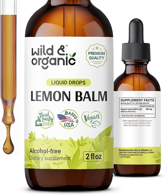 Wild & Organic Lemon Balm Drops - Relaxing Lemon Balm Leaf Extract Supplement - Calming Melissa Officinalis Tincture - Vegan, Sugar & Alcohol-Free - 2 fl oz