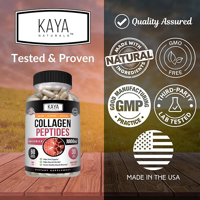Kaya Naturals Multi Collagen Peptides Complex Powder for Women and Men, Types I, II, III, V & X | 60 Count Capsules