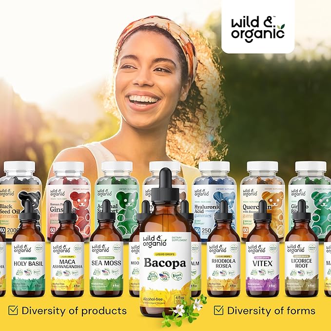Wild & Organic Bacopa Liquid Drops - Herbal Tincture for Brain Support - Vegan Supplements with Bacopa Monnieri Extract Liquid - 5-Month Supply - Sugar & Alcohol-Free - 4 fl oz