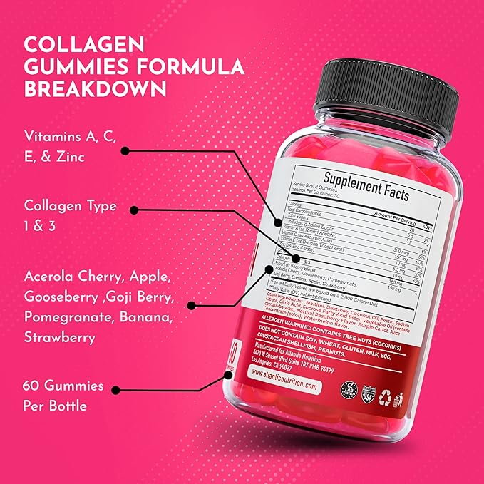 Atlantis Nutrition Collagen Peptides Gummies for Women - Formulated with Type I & III - Vitamin & Superfruit Beauty Blend - Formulated to Support Hair, Nail & Skin Health | 60 Count