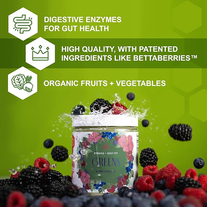 Strong + Sexy Fit Greens Superfood Powder, Green Juice for Gut Health, Energy & Immune Support, Fruit and Veggies Supplement with Wheat Grass, Digestive Enzyme, Vitamin C, 30 SVG, Berry Hibiscus