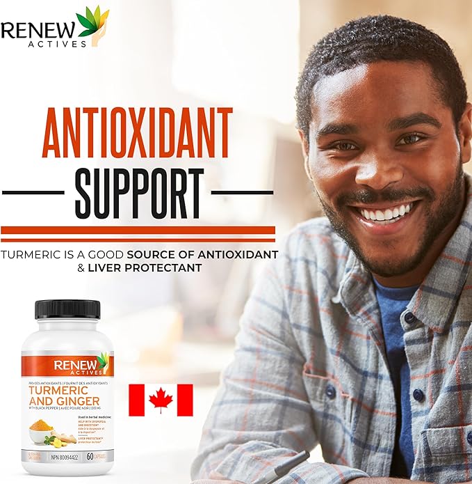 Renew Actives Turmeric Curcumin 1000MG & 200MG Ginger per 2 Capsules - Potent Antioxidant with Bioperine & Black Pepper Blend for Digestive & Liver Health - Made in Canada - 60 Capsules