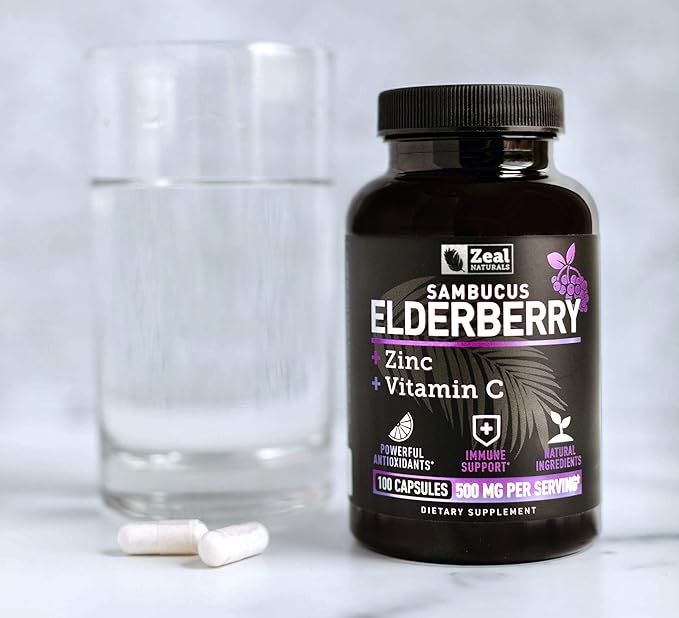 Zeal Naturals Max Strength Elderberry Capsules + Zinc + Vitamin C | 500mg for Immune System Support with Black Sambucus Elderberry | 100 Count | 3-in-1 Immune Support for Adults