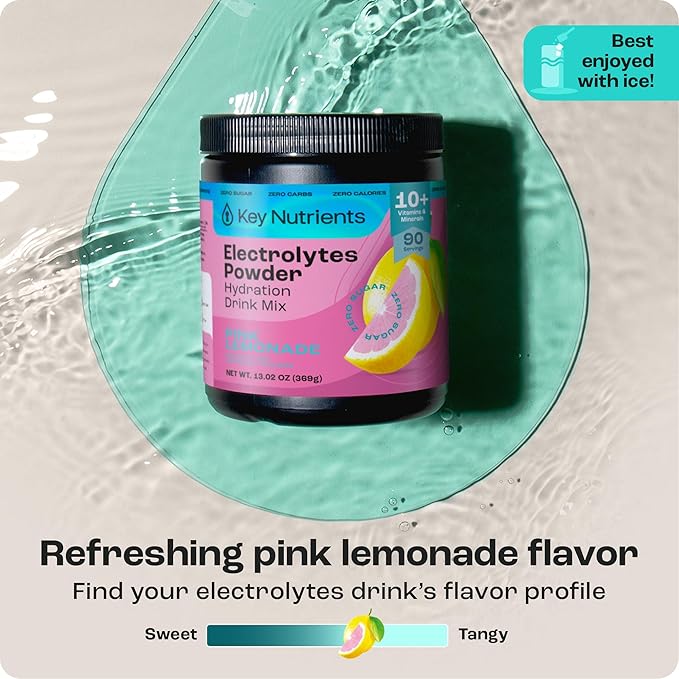 KEY NUTRIENTS Multivitamin Electrolytes Powder No Sugar - Fresh Pink Lemonade Electrolyte Powder - Endurance & Energy Supplement - Hydration Powder - No Calories - 90 Servings - Made in USA