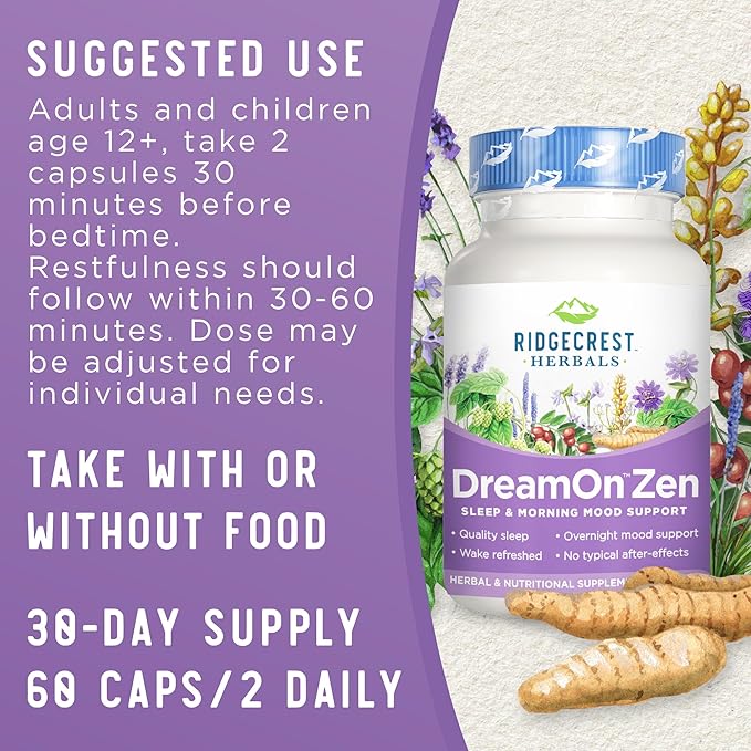 Ridgecrest Herbals DreamOn Zen, Sleep Support Supplement, Melatonin Free, Magnesium, 5-HTP, Lavender, Chamomile, Valerian, Lemon Balm for Adults and Children 12+ (60 Caps, 30 Serv)