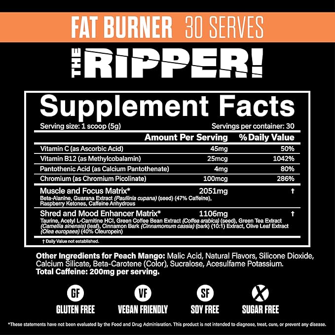 JNX SPORTS The Ripper! Shredding Thermogenic Fat Burner - Peach Mango 30 Servings | Advanced Fast Acting Stim Thermogenesis, Appetite Suppressant for Men & Women