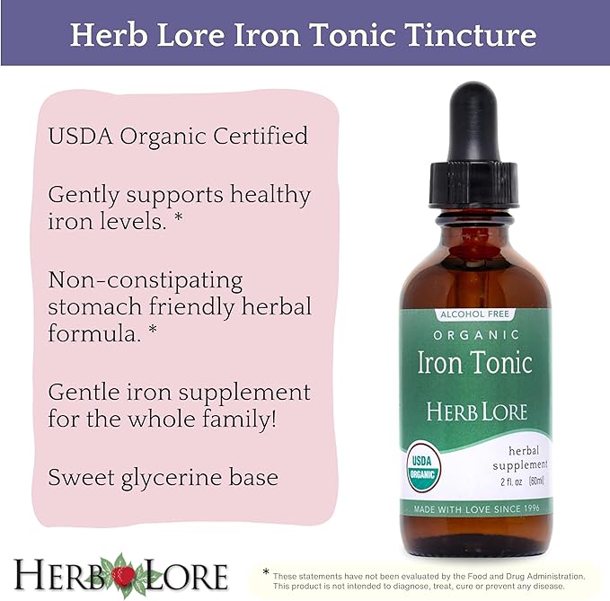 Herb Lore Iron Tonic - Organic Liquid Iron Drops Supplement for Kids & Women - Baby, Infant & Toddler Friendly - Plant Based, Vegan, Gentle, Non Constipating Herbal Tincture (2 fl oz)