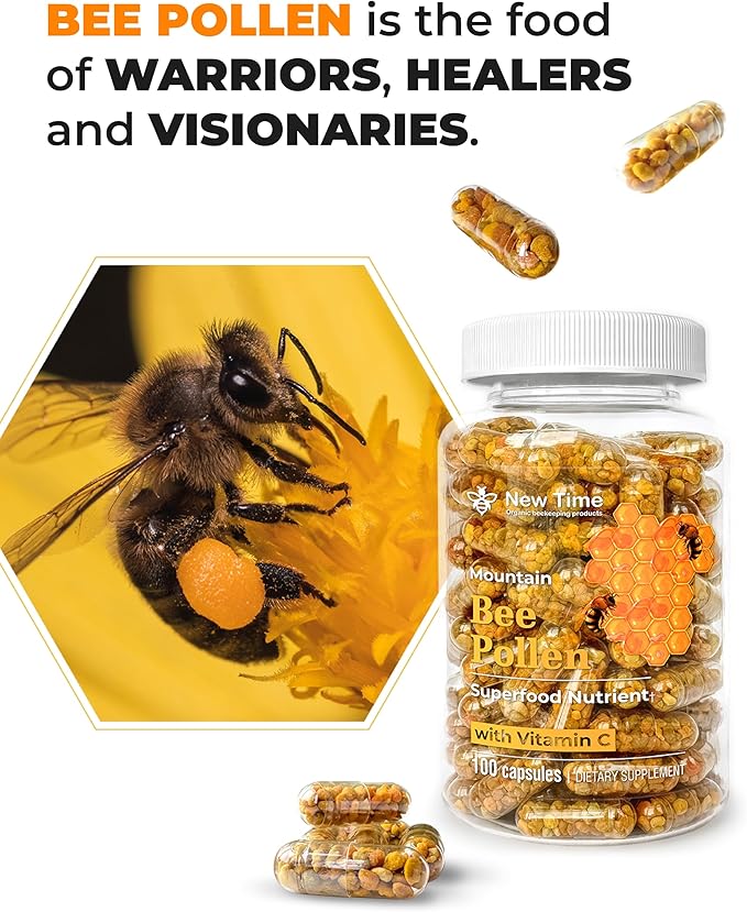 Bee Pollen Capsules – Organic Supplement for Energy, Vitality, Wellness, Rich in Vitamins, Immune Support & Nutrient Boost, Premium for Men & Women, 100% Pure & Natural for Breast Growth