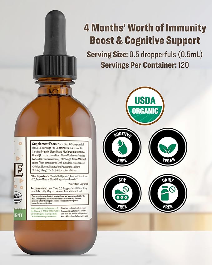 RawGuru Lion's Mane Mushroom Tincture - Vegan Lion's Mane Extract with Trace Minerals - Nano-Processed Immunity Boost & Cognitive Supplement - 120 Servings of Vegan Drops per 60 ml, Pack of 1