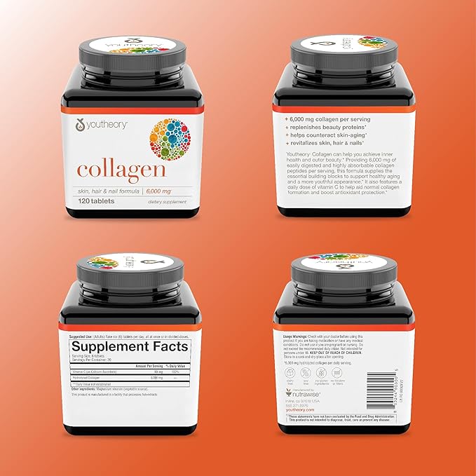 Youtheory Advanced Collagen - 6,000 mg - with Vitamin C - for Hair, Skin & Nails* - Collagen Supplements for Women and Men - 120 Tablets