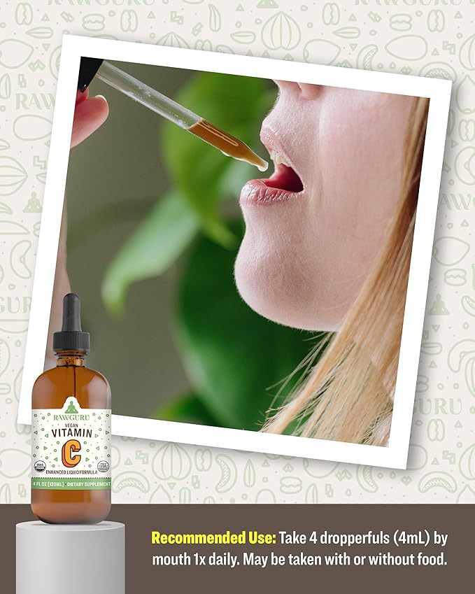 RawGuru Organic Vitamin C Tincture - Liquid Vitamin C with Trace Minerals - Nano-Processed Antioxidant & Immune Support Supplement Tincture - 30 Servings of Vegan Drops per 120 ml, Pack of 1