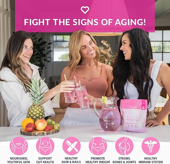 SkinnyFit Super Youth Tropical Punch Multi-Collagen Peptides + Probiotics, Baobab Fiber, Apple Cider Vinegar, Hyaluronic Acid, & Vitamin C, Skin, Hair, Joint & Metabolism Support, 30 Servings