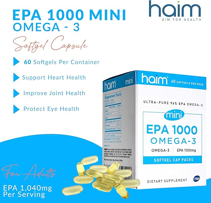Haim EPA1000 MINI – Pure EPA Fish Oil Supplement – 1,100mg Omega-3 for Heart, Brain & Joint Health – High Potency, Burpless Softgels – Small, Easy-to-Swallow Capsules – 60 Softgels – Made in USA