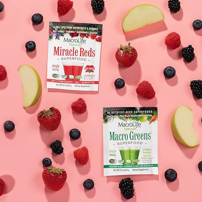 MacroLife Naturals Miracle Reds Superfood Supplement Powder Antioxidants Polyphenols Enzymes Probiotics - Raw Non-GMO Organic Vegan Gluten & Dairy Free (12 Packet)