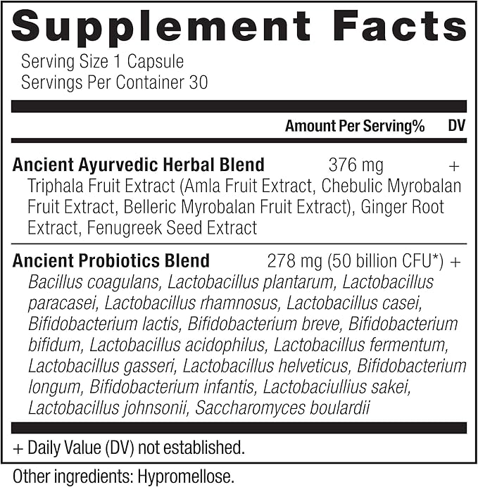 Ancient Nutrition Probiotics, Ultimate with Turmeric, Ginger and Fenugreek, Supports Digestive Functions, Reduces Diarrhea, Constipation, Bloating, Superfoods Blend, 50 Billion CFUs*, 30 Capsules