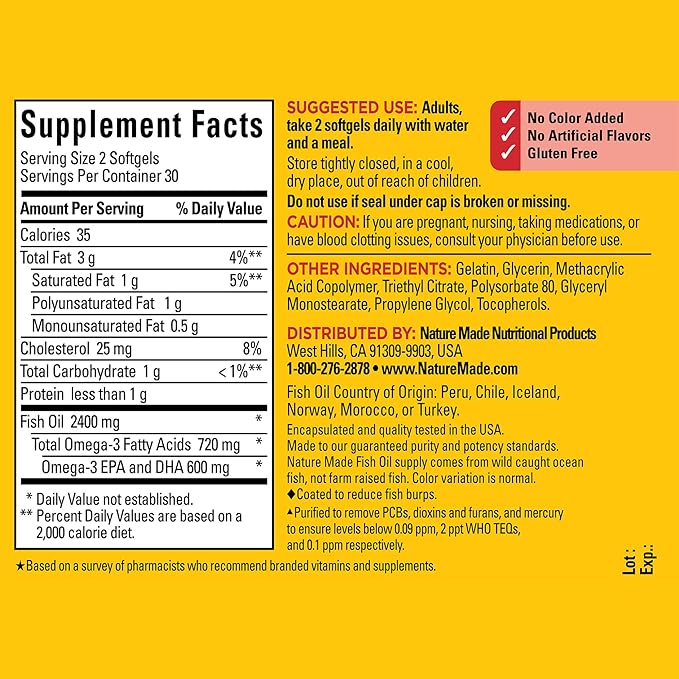 Nature Made Burp Less Fish Oil Omega 3 Supplements, 1200 mg Softgels, EPA DHA Omega 3 Fish Oil Supplements for Healthy Heart Support, 60 Softgels, 30 Day Supply