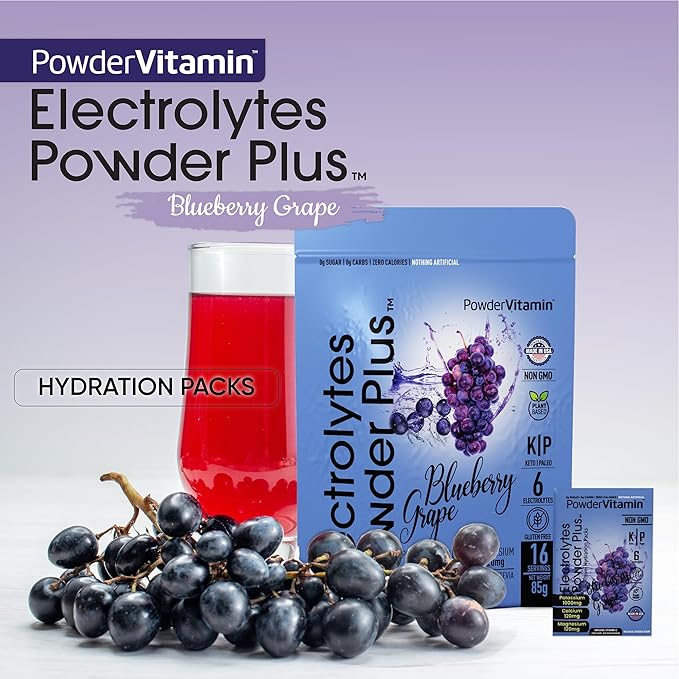 Electrolytes Powder Plus, Keto, Blueberry Grape, Sugar Free, Pink Himalayan Salt, 1000mg Potassium, 120mg Calcium, 120mg Magnesium, Non-GMO, Zero Calories, (16 Hydration Packets)