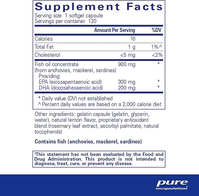 Pure Encapsulations EPA/DHA with Lemon | Ultra-Pure, Molecularly Distilled Fish Oil Concentrate with Lemon | 120 Softgel Capsules