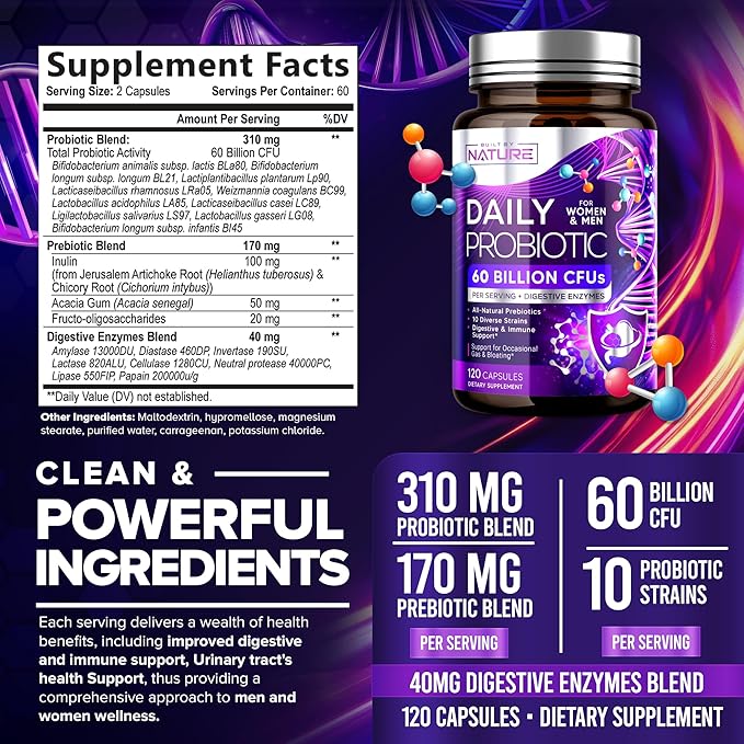 Built by Nature Probiotic for Women & Men – 60 Billion CFU, 10 Strains + Prebiotics & Digestive Enzymes – Supports Digestive, Immune, Reduce Gas & Bloating – Shelf Stable, Non-GMO - 120 Capsules