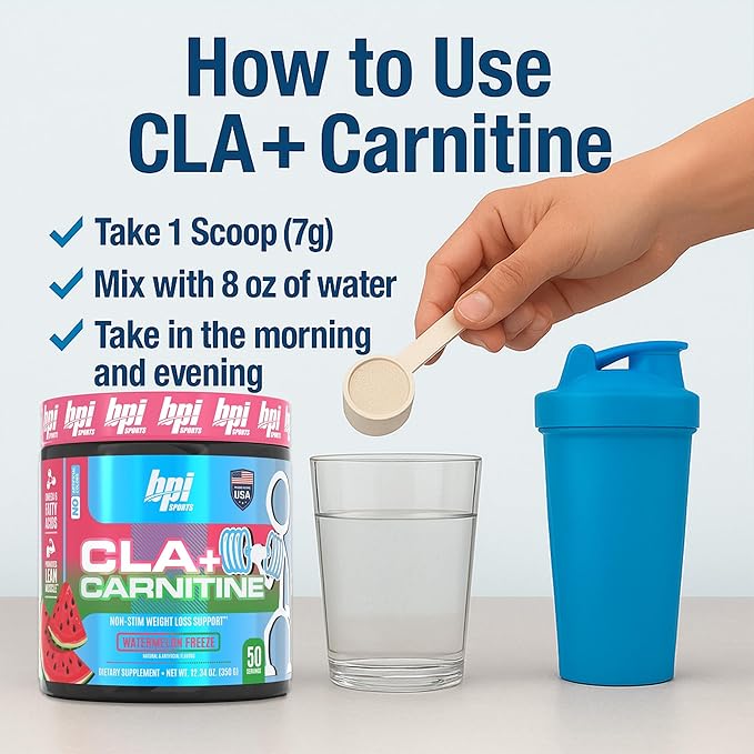 BPI Sports CLA+Carnitine–Conjugated Linoleic Acid–Weight Loss Formula –Metabolism, Performance, Lean Muscle–Caffeine Free–For Men & Women–Watermelon Freeze–50 servings – 12.34 oz.(Packaging May Vary)