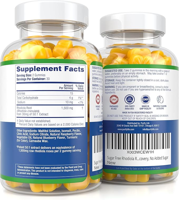 Purify Life Sugar-Free Rhodiola Rosea Gummies (1500mg/Serving) Cortisol Detox & Adrenal Support Supplement - Adaptogenic Rhodiola for Mood, Motivation, Stamina & Performance, Non-GMO, 60 Vegan Chews