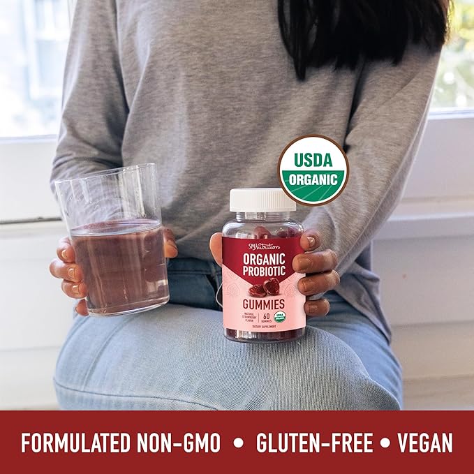 Organic Probiotics Gummies | 5 Billion CFU Probiotics for Digestive Health & Immune Support | Hardy Bacillus Subtilis | Strawberry Gummies | Shelf Stable, Gluten-Free, Vegan | 60 Ct. (1 Month Supply)