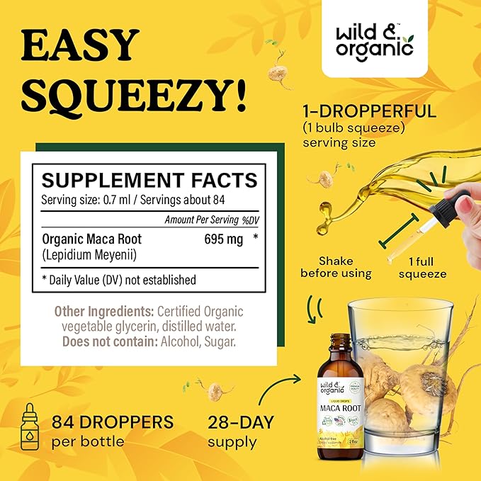 Wild & Organic Maca Root Drops for Women & Men - Mood, Focus, Active Lifestyle - Peruvian Maca Supplement - Vegan, Sugar & Alcohol-Free Tincture - 2 fl oz