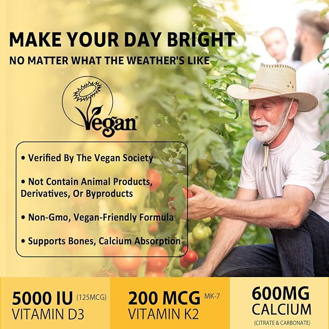 Vitamin D3 5000iu & K2( as MK7 ) 200mcg Gummies + 600mg Calcium, with Coconut Oil for High Absorption, Maximum Strength Vitamin D3 K2 Supplement - Support for Bones Muscle Teeth Immune, Vegan 2Packs