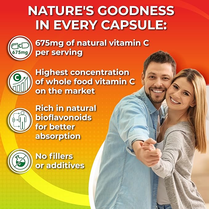 Whole Food Vitamin C Complex - 1450mg Organic Berries - 675 mg Vitamin C per Serving, High-Potency Antioxidant & Immune Support with Acerola, Amla and Natural Bioflavonoids - Vegan, Non-GMO, 120 Count