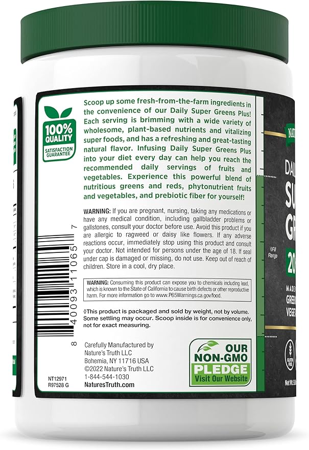Nature's Truth Super Greens Superfood Powder Supplement | Fruit & Vegetables Blend | Juice & Smoothie Mix | 9.88 oz | Vegan, Non-GMO & Gluten Free