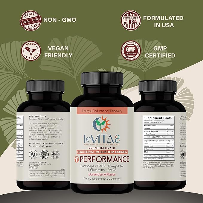 LeVITA8 Premium Mushroom Gummies for Focus & Energy - Cordyceps Gummies with 100% Natural Strawberry Flavor for Adults - Mushrooms Herbal Supplements for Endurance & Immune Support - 1 Month Supply