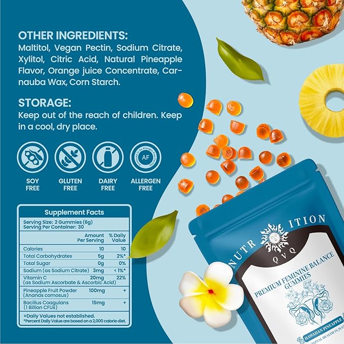 Organic Natural Sourcing Premium Feminine PH Balance Gummies for Women's Health, Immune Support, Hawaiian Pineapple Flavor Gluten-Free, Vegan Premium Feminine Balance Gummies For women-60 Prebiotics