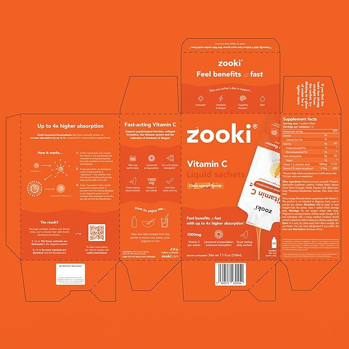 YourZooki Liposomal Vitamin C Zooki 1000mg Liquid Sachets - Alchohol Free, Vegan, Soy Free, Natural Ingredients - Immune System, Skin & Energy Support (Citrus Orange, 30 Count (Pack of 1))