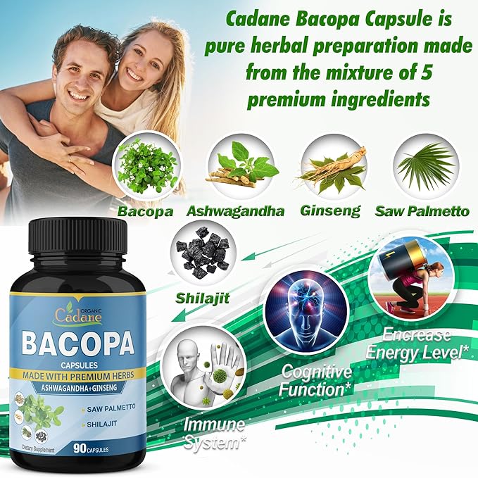 Organic Cadane Bacopa Monnieri Supplement - Blended with Ashwgandha, Ginseng, Saw Palmetto, Shilajit - 90 Capsules for 3 Month Supply