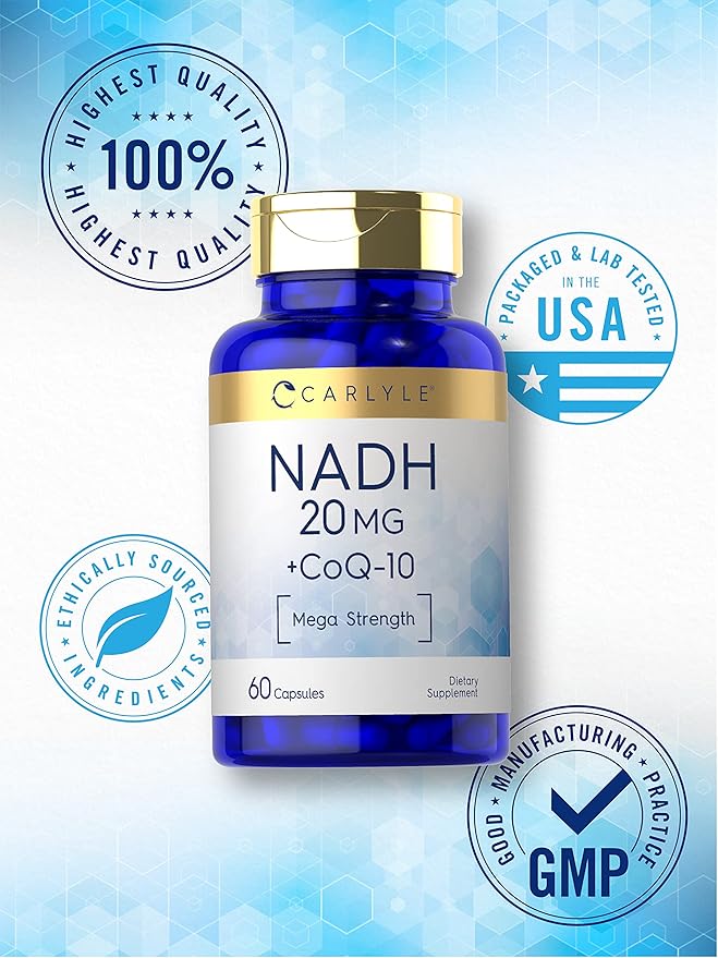 Carlyle NADH CoQ10 Supplement | 20mg | 60 Capsules | Mega Strength | Non-GMO, Gluten Free