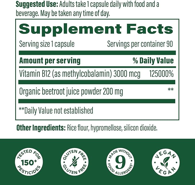 MegaFood Extra Strength Methyl B12 Vitamins, Bioavailable Vitamin B12 3000mcg Per Serving, Supports Energy Metabolism & Nervous System Health, Beet Root, Vegan, Gluten Free, 90 Capsules, 90 Servings
