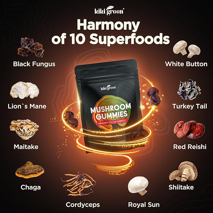 KIKI Green Mushroom Gummies with Lion's Mane and 9 Adaptogen Superfoods Blend - Chaga, Red Reishi, Cordyceps, Shiitake, Black Fungus | 60 Count, 10:1 Extract